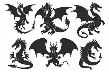 Set of Chinese dragon silhouette, Chinese dragon vector, Black dragon, Dragon silhouettes, Vector dragon tattoo, Black dragons tattoo, Set of dragon silhouettes vector, Medieval black dragons animals