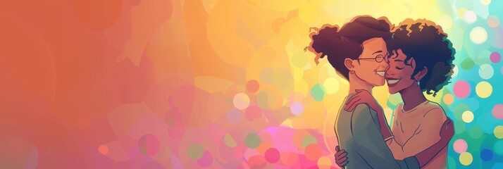 Embracing couple with colorful background - Two animated figures hug against a backdrop of warm, vibrant colors, reflecting intimacy and affection