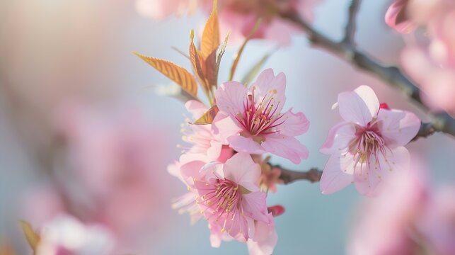 Spring blossoms Tree branch with beautiful fresh pink flowers in full bloom close up Blooming sakura Floral background : Generative AI