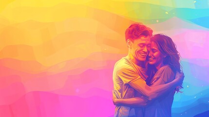 Couple embracing at a pride celebration - Digital art of a loving couple embracing with a colorful abstract background