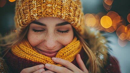 A woman wrapped in a cozy scarf and hat experiences warmth and comfort during a winter setting