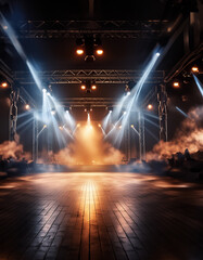 A dark stage illuminated by spotlights with smoke filling the air. Generative AI.