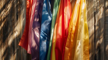 Close-up of pride flags draped over a wooden fence, sunny day, copy space, rustic setting, LGBT pride, colorful banners, love and acceptance, community support, inclusive environment.