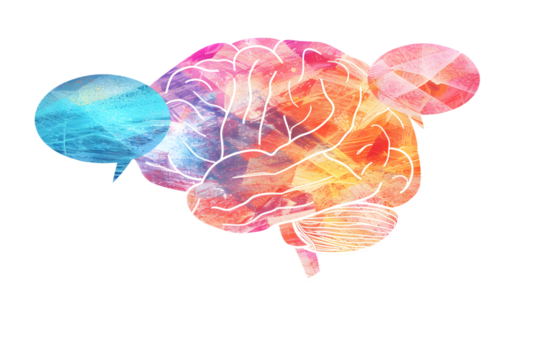 Abstract brain with thought bubbles, representing creativity and communication. Ideal for concepts related to ideas, thinking, and communication.