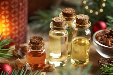 Christmas essential oils with frankincense, myrrh and spruce branches