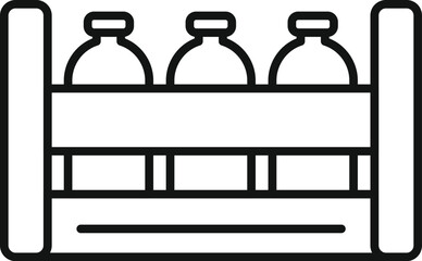Black and white line art illustration of three milk bottles in a wooden crate