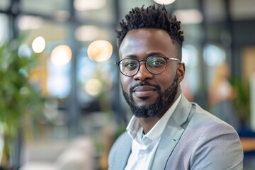 Obraz premium An African American man in professional attire smiles confidently in an office environment