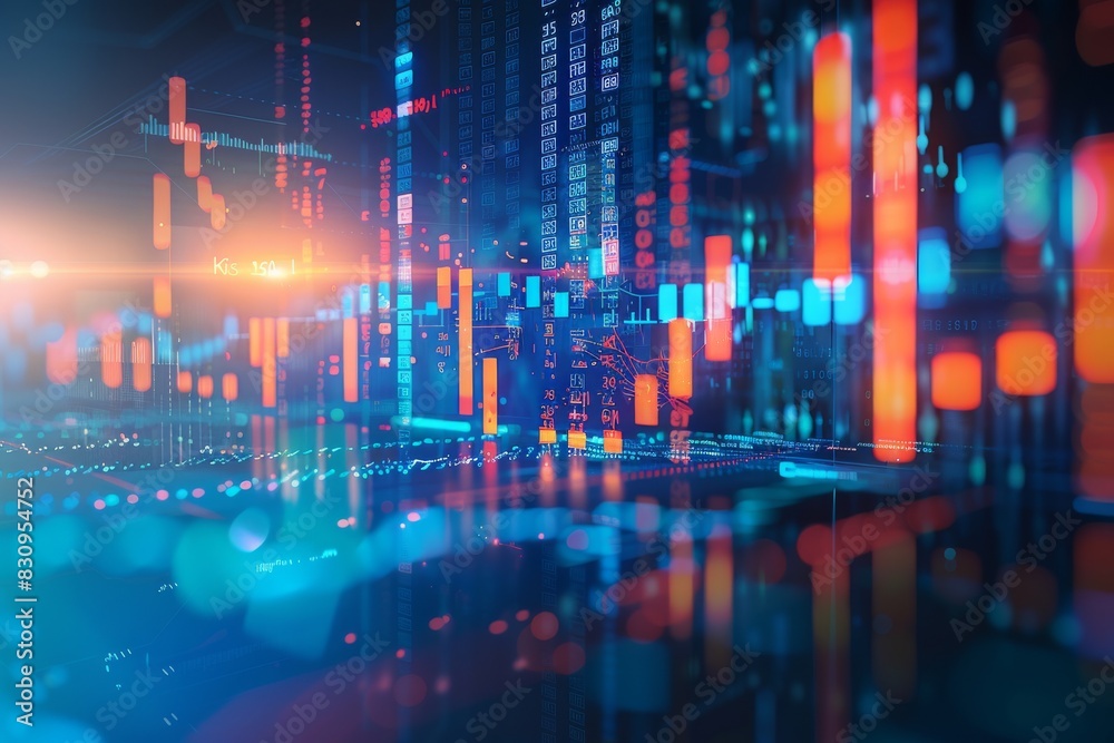 Poster financial data analysis with colorful bar graphs and stock numbers on a dark background