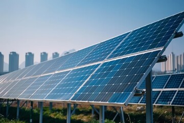 Large array of photovoltaic solar panels with a modern city skyline in the background under clear skies