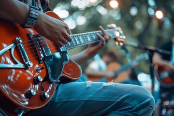 Naklejka premium A close view of a musician playing an electric guitar on stage with bokeh lights in the background