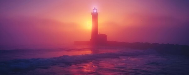 Close-up of a misty dawn beach, double exposure, copy space, and a lighthouse silhouette
