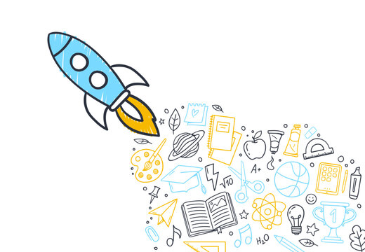 Back to school. A doodle of rocket with school supplies and educational elements. Hand-drawn vector illustration isolated on a white background.