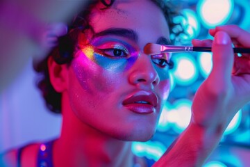 Fototapeta premium A makeup artist is applying colorful and glittering makeup to a young man's face, reflecting creativity and transformation