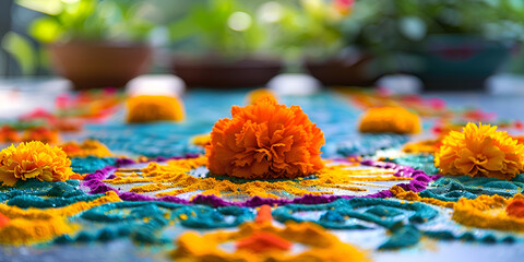 Indian Festival Diwali Diwali lit on colorful rangoli

