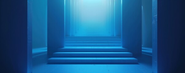 Obraz premium A serene, minimalist interior with soft blue lighting, featuring steps leading to a bright, inviting area. Modern architecture background.