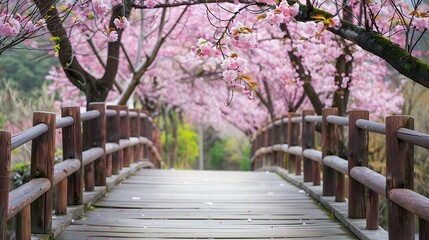 Fototapeta premium Beautiful pink cherry trees blooming extravagantly at the end of a wooden bridge in Park Japan Spring scenery of Japanese countryside with amazing sakura cherry blossoms : Generative AI