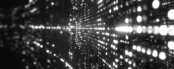 Abstract black and white digital light dots creating a futuristic technologic pattern, ideal for use in technology and background designs.
