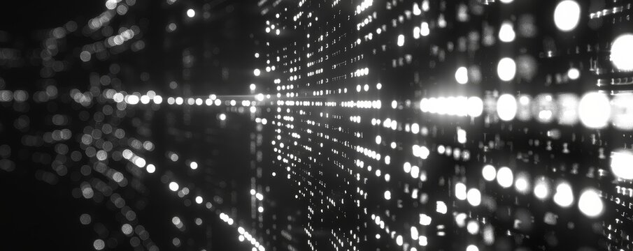 Abstract black and white digital light dots creating a futuristic technologic pattern, ideal for use in technology and background designs.