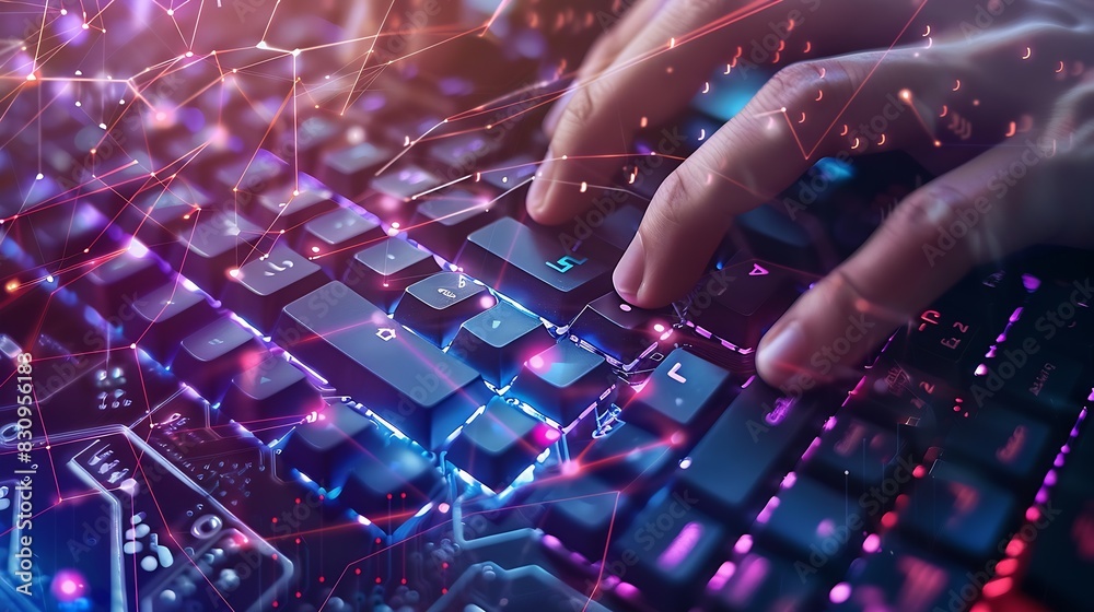Aufkleber Cyber security IT engineer working on protecting network against cyberattack from hackers on internet Secure access for online privacy and personal data protection Hands typing on keyb : Generative AI