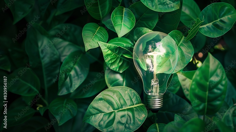 Aufkleber green energy concepts wireless light bulb surrounded by green leaf as sign of light on carbon neutra
