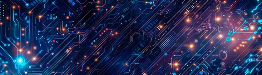 Abstract digital circuit board pattern with glowing lights and lines in dark blue and purple tones, representing modern technology and connectivity.