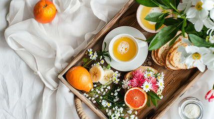 Wooden tray with delicious breakfast and beautiful flower - Powered by Adobe
