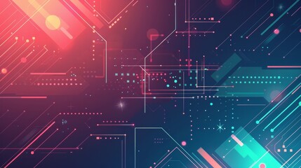 Abstract digital technology background with geometric lines and shapes in vibrant shades of pink and blue, perfect for tech designs.