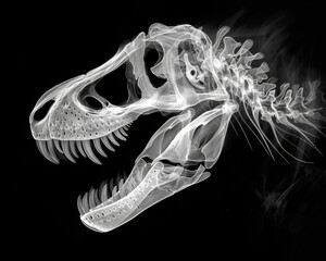 Naklejka premium X-ray of T-Rex skeleton, monochrome, detailed bones visible