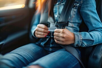 A woman is buckled up in a car. She is wearing a blue jacket and has red nails