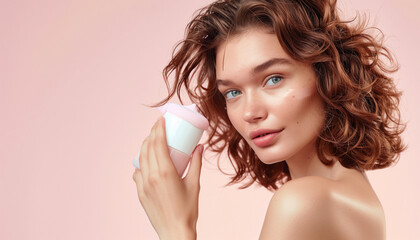 Obraz premium fashion model with perfectly styled curls using a hair mousse, demonstrating how to apply it for voluminous results, with copy space isolated on soft background