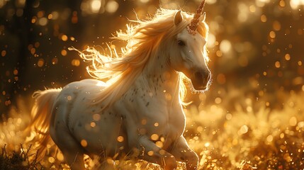 Magical white unicorn running through a golden field of light.