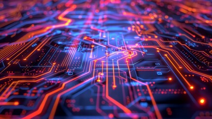 Fototapeta premium Close-up of a futuristic printed circuit board with glowing red and blue pathways, representing advanced technology and electronic innovation.