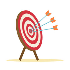 Arrows hitting a target in flat design on white background.
