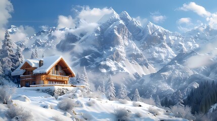 Digital snow mountain hut illustration poster background