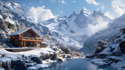 Digital snow mountain hut illustration poster background