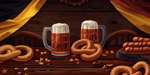 German traditional food and dishes creative background for menu and restaurant. Pretzels, Beer, sausages and bratwurst. Bavarian food menu, german flag colors, copy space design.
