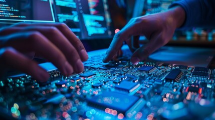 Fototapeta premium A person is typing on a computer keyboard with a blue background