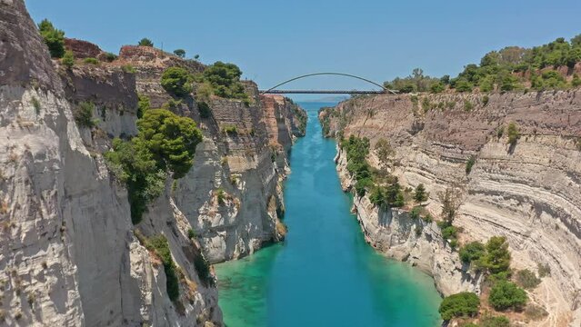 Greece Corinth canal tourist attraction. Flying toward bridge