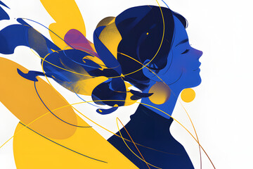 Stylized illustration of a woman in profile with her hair flowing and abstract yellow and blue elements surrounding her, conveying a sense of calm and creativity.