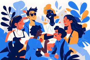 Vibrant illustration of a diverse group of friends happily engaging with each other, set against a backdrop of colorful leaves.