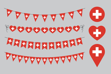 Swiss National Day, love Switzerland decorative symbols, set of vector design elements, swiss flag