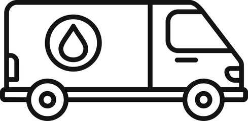 Iconic black line art illustration of a fluid delivery vehicle with a water drop symbol on the side