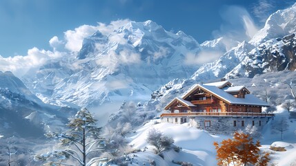 Digital snow mountain hut illustration poster background