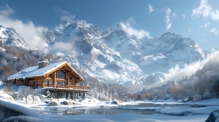 Fototapeta premium Digital snow mountain hut illustration poster background