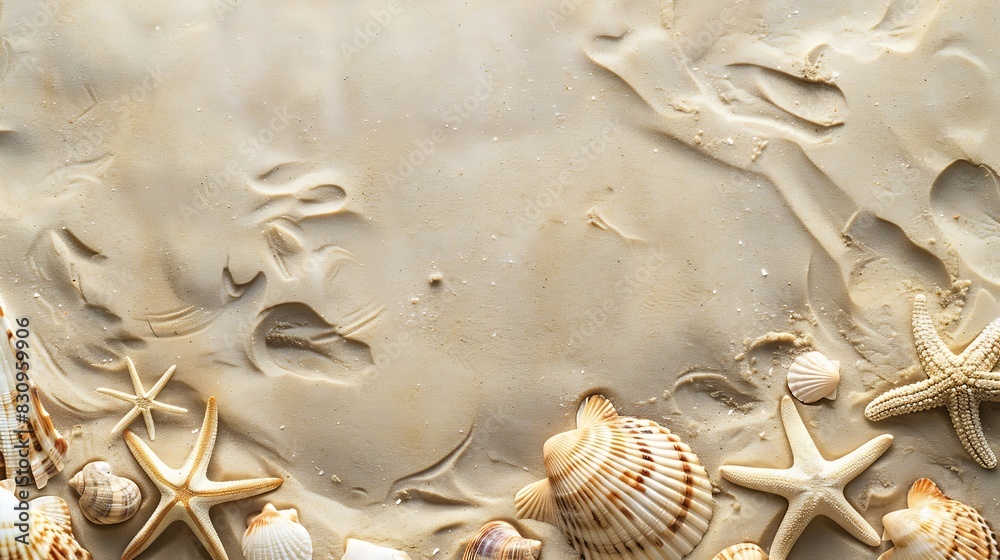 Poster Top view of a sandy beach texture with imprints of exotic seashells and starfish as natural textured background : Generative AI