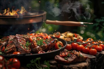 Naklejka premium Juicy grilled steaks and vibrant vegetables cooking over an open flame in a lush forest setting, creating a perfect outdoor barbecue feast.