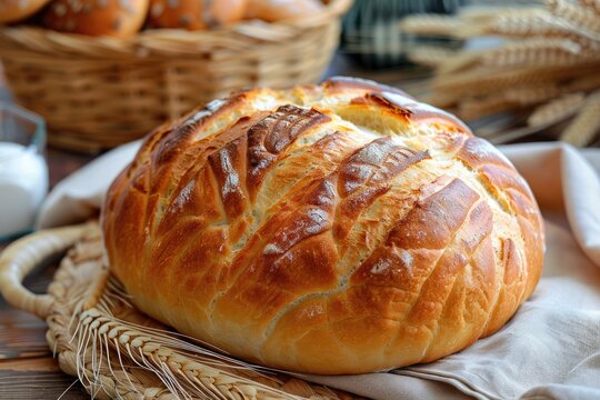 A large loaf of bread sits on a table next to a basket of bread. The bread is golden brown and has a crusty exterior. The table is covered with a white cloth and a bowl of sugar