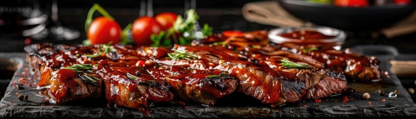 Close-up of grilled ribs glazed with BBQ sauce garnished with herbs and tomatoes on a dark background. Tasty and juicy barbecue meal.