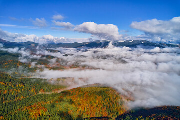 Drone view of the mountains on a sunny day