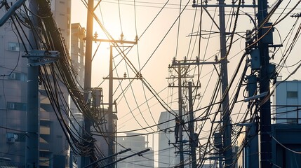 High power electricity poles in urban area connected to smart grid Energy supply distribution of energy transmitting energy energy transmission high voltage supply concept photo : Generative AI